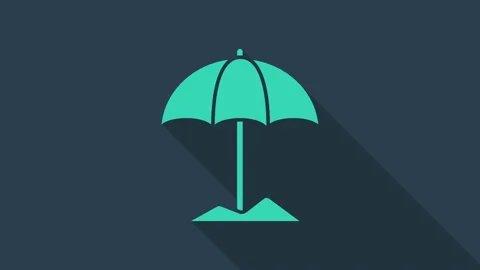 Turquoise Sun protective umbrella for beach icon isolated on blue background Stock Footage 146100665