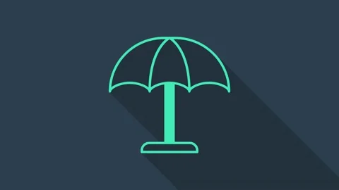 Turquoise Sun protective umbrella for beach icon isolated on blue background Stock Footage 154094793
