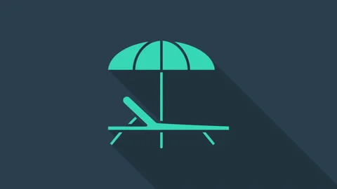 Turquoise Sunbed icon isolated on blue background. Beach umbrella and Sun Stock Footage 146042865