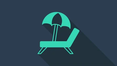 Turquoise Sunbed icon isolated on blue background. Beach umbrella and Sun Stock Footage 159297631