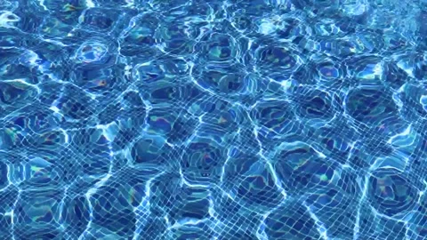 Turquoise surface of sunlit swimming pool.  Light ripples reflection refraction Stockbeeldmateriaal 334561002