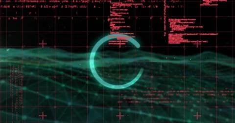 Turquoise symbol loading on data dashboard, with grid overlay, red code, green 写真素材