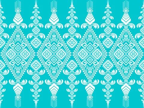 Turquoise Thai Textile Pattern, Traditional Woven Fabric Design with Geometr Stock Illustration