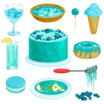 Turquoise vector blue cacke or sweet dessert with blueberry and blur aqua drink Illustrazione stock