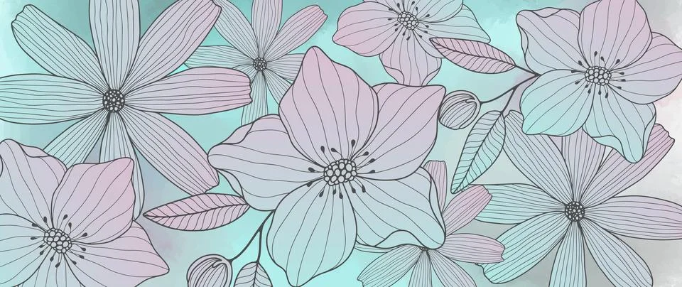 Turquoise vector botanical illustration with different flowers Stock Illustration
