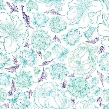 Turquoise Vector Sketch Floral Pattern Stock Illustration