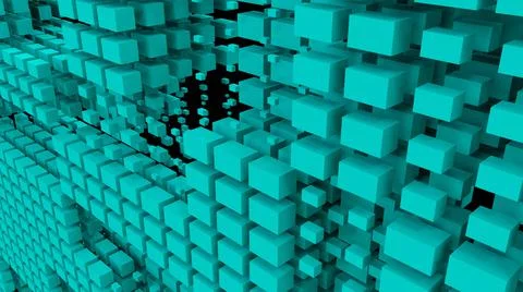 Turquoise wall of many cubes. Abstract background with flying cubes.  Stock Illustration