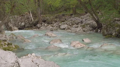 Turquoise water flows between white stones in a beautiful forest in Slovenia 스톡 동영상 78045328