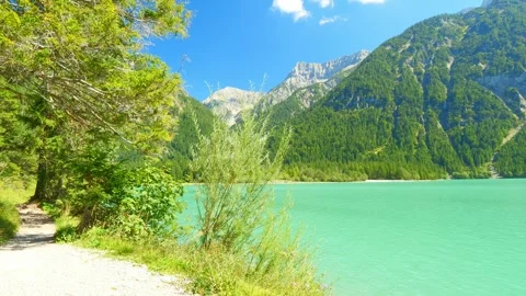 Turquoise water mountain scenery with pine-covered slopes and distant summits Stock Footage 308316982