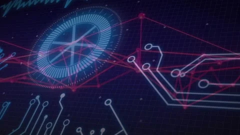 Turquoise waveform pulsing triggers network mesh expanding with rotating gauge Video stock 317799832