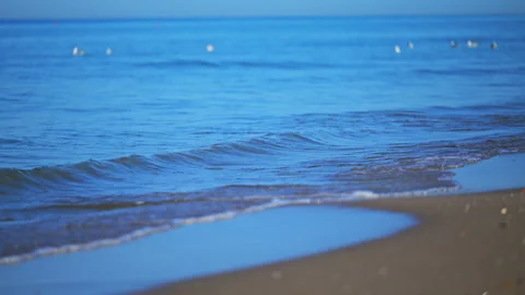 Turquoise waves washing onto sandy coast beneath clear sky, tranquil summer Stock Footage 335421746
