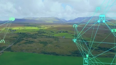 Turquoise wireframe network emerging from right, expanding and connecting icons Stock Footage 334351783