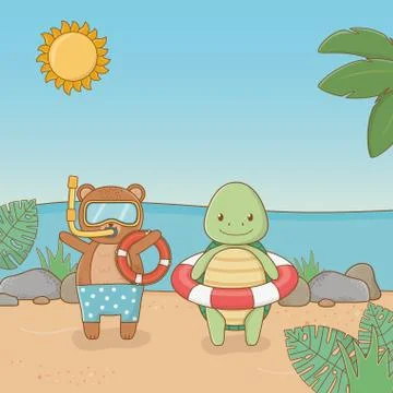 Turtle and bear in the beach design vector illustration Stock Illustration