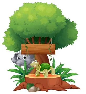 A turtle and an elephant under the big tree with a wooden signboard Stock Illustration