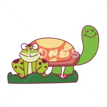 Turtle and frog on grass Stock Illustration