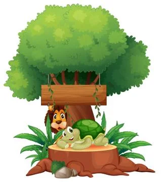 A turtle and a lion under the tree with a wooden signboard Stock Illustration