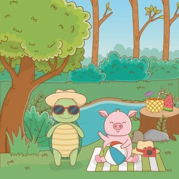 Turtle and pig in forest design vector illustration Illustrazione stock