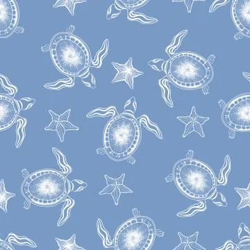 Turtle and starfish seamless pattern. Marine underwater backgrou Stock Illustration