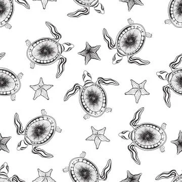 Turtle and starfish seamless pattern. Marine underwater backgrou Illustrazione stock