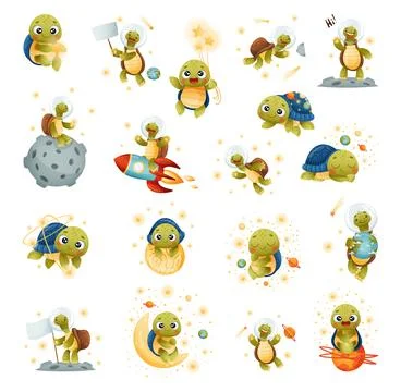 Turtle Animal in Outer Space Enjoy Adventure Vector Set 스톡 일러스트