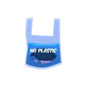 Turtle in bag of water, no plastic text flat style, vector illustration Stock Illustration