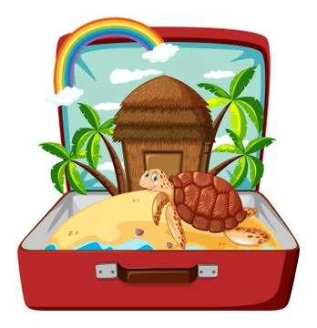Turtle on the beach in luggage Stock Illustration