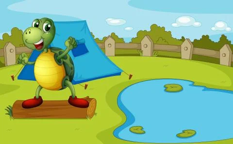 A turtle beside the pond inside a fence Stock Illustration