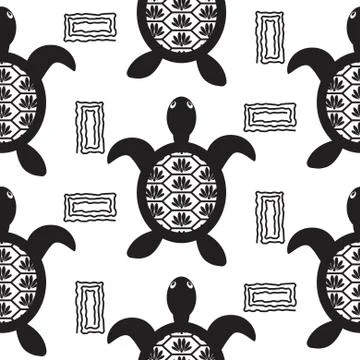 Turtle black stencil seamless vector pattern. Stock Illustration