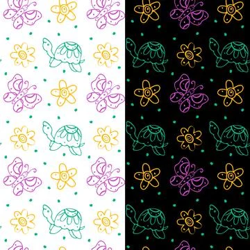Turtle, butterfly floral seamless pattern. Hand drawn doodle simple graphic Illustrazione stock