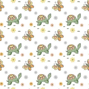 Turtle, butterfly seamless pattern. Hand drawn doodle simple graphic, daisy Stock Illustration