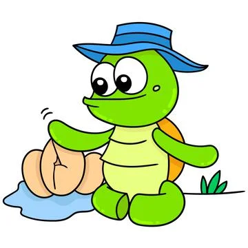 The turtle is caring for its eggs to hatch safely, doodle icon image kawaii Stock Illustration