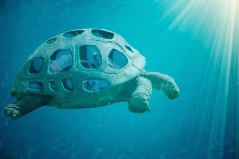Turtle carrying plastic bottle in its shell Stock Photos