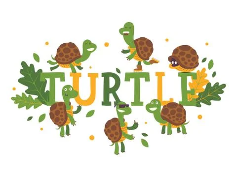 Turtle cartoon character on typography background, vector illustration. Cute Illustrazione stock