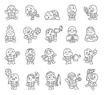 Turtle character set in outline line Stock Illustration
