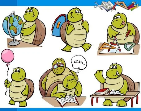 Turtle character student cartoon set Cartoon Illustration of Turtle Animal... Stock Photos