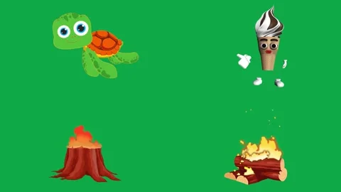 Turtle Character Volcano Campfire animation on green screen minimal animated Stock Footage 334704437