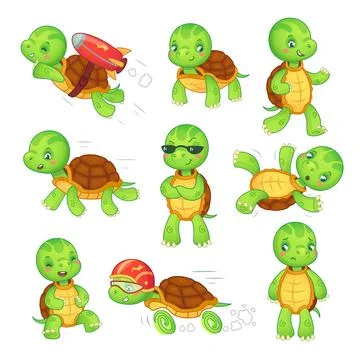Turtle child. Running fast tortoise. Green kids turtles cartoon characters .. Stock Illustration