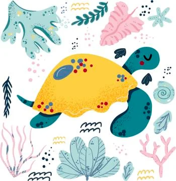 Turtle cute doodle hand drawn flat vector illustration. Wild sea marine anima Stock Illustration