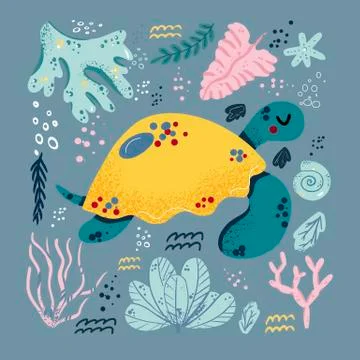 Turtle cute doodle hand drawn flat vector illustration. Wild sea marine anima Stock Illustration