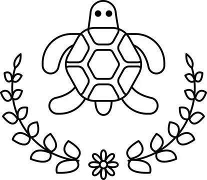 A turtle is drawn in black and white with a leafy border 스톡 일러스트