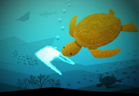 Turtle eat plastic bag that look like a jellyfish Stock Illustration