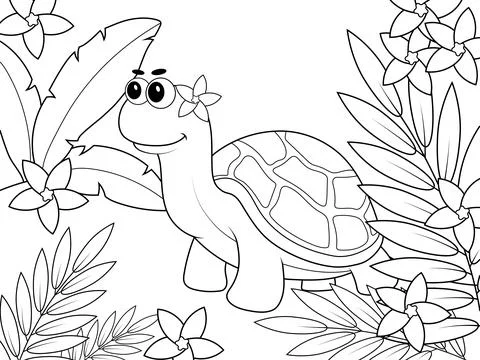 Turtle in exotic forest. Children coloring book. Stock Illustration