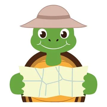 Turtle explorer with map. A cartoon turtle wearing a hat and holding a map,.. Stock Illustration