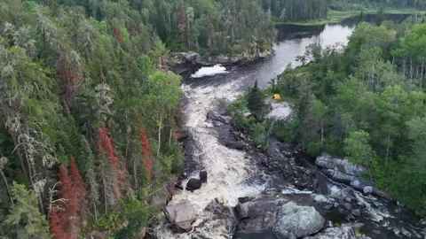Turtle Falls Manigotagan River Manitoba Aerial Rising Above Rapids and Forest Vidéo 332097589