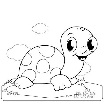 Turtle in the garden. Vector black and white coloring page. Stock Illustration