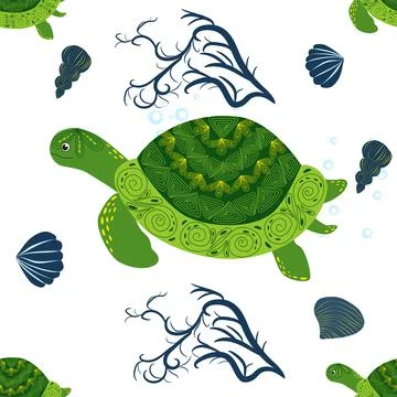 Turtle green seamless pattern, beautiful character among seashells, seaweed,  Illustrazione stock