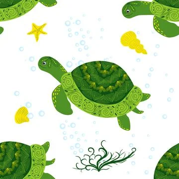 Turtle green seamless pattern, beautiful character among seashells, seaweed,  Illustrazione stock