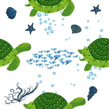 Turtle green seamless pattern, beautiful character among seashells, seaweed,  스톡 일러스트