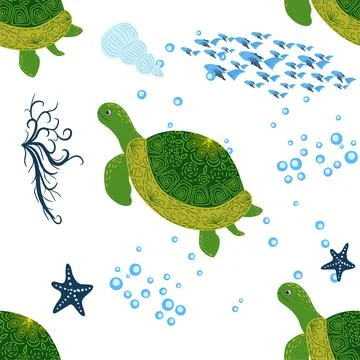 Turtle green seamless pattern, beautiful character among seashells, seaweed,  스톡 일러스트