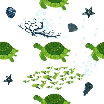 Turtle green seamless pattern, beautiful character among seashells, seaweed,  Stock Illustration